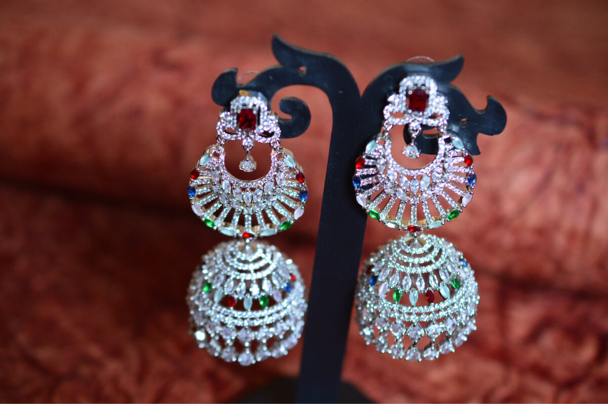 Multicolour American Diamond Studded Jhumka - Bling and Ring