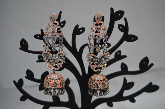 Rose Gold & Black Stone Studded Unique Long Jhumka - Bling and Ring