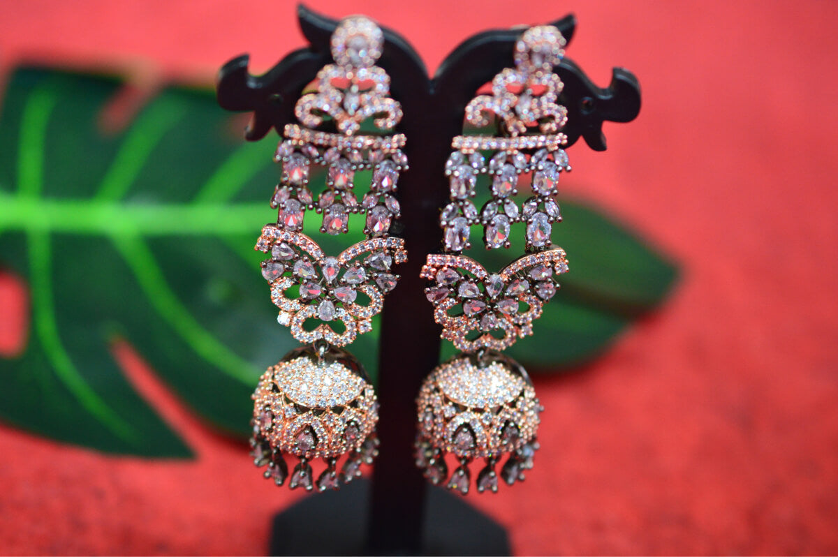 Rose Gold & Black Stone Studded Long Jhumka - Bling and Ring