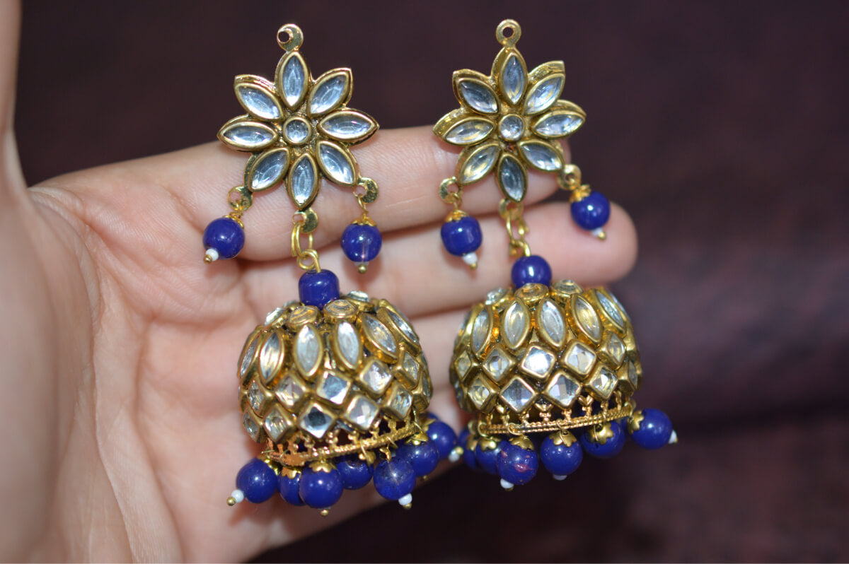 Kundan Pachchikari Golden Embellished Dark Blue Jhumka