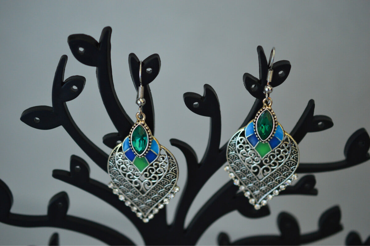 Emerald Stone Studded Intricate Design Oxidized Earrings