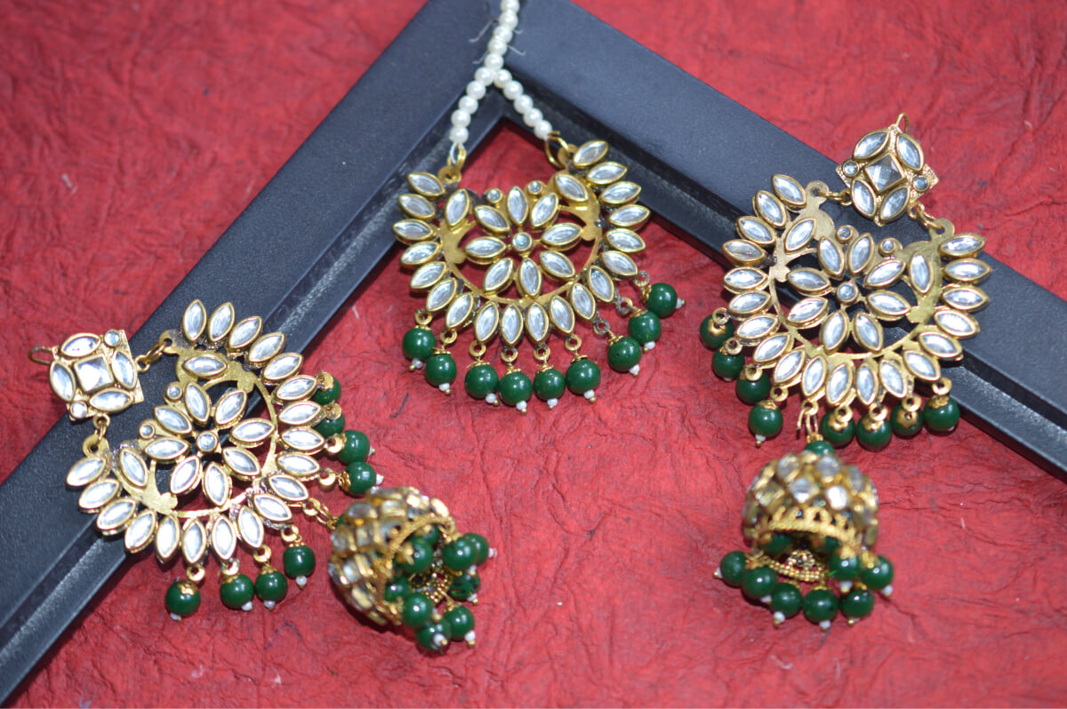 Floral Kundan Dangling Style Green Jhumka with Tika - Bling and Ring