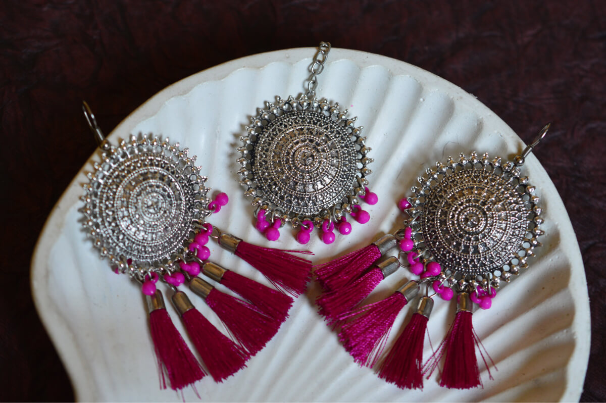 Magenta Pink Tassel Oxidized Disc Earrings with Tika - Bling and Ring