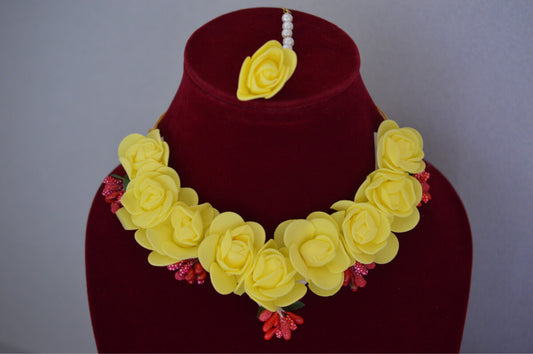 yellow roses & white pearls haldi ceremony jewelry set - Bling and Ring