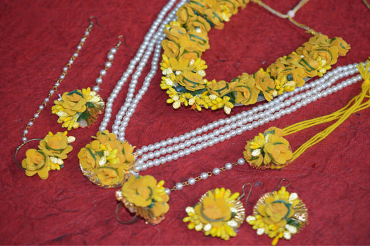 haldi ceremony yellow floral necklace with long Moti necklace set - Bling and Ring