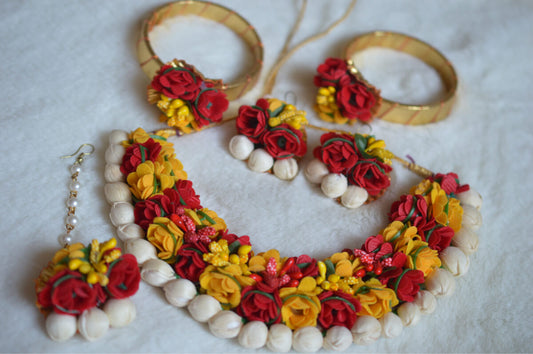 red & yellow floral Choker style haldi ceremony jewelry set - Bling and Ring
