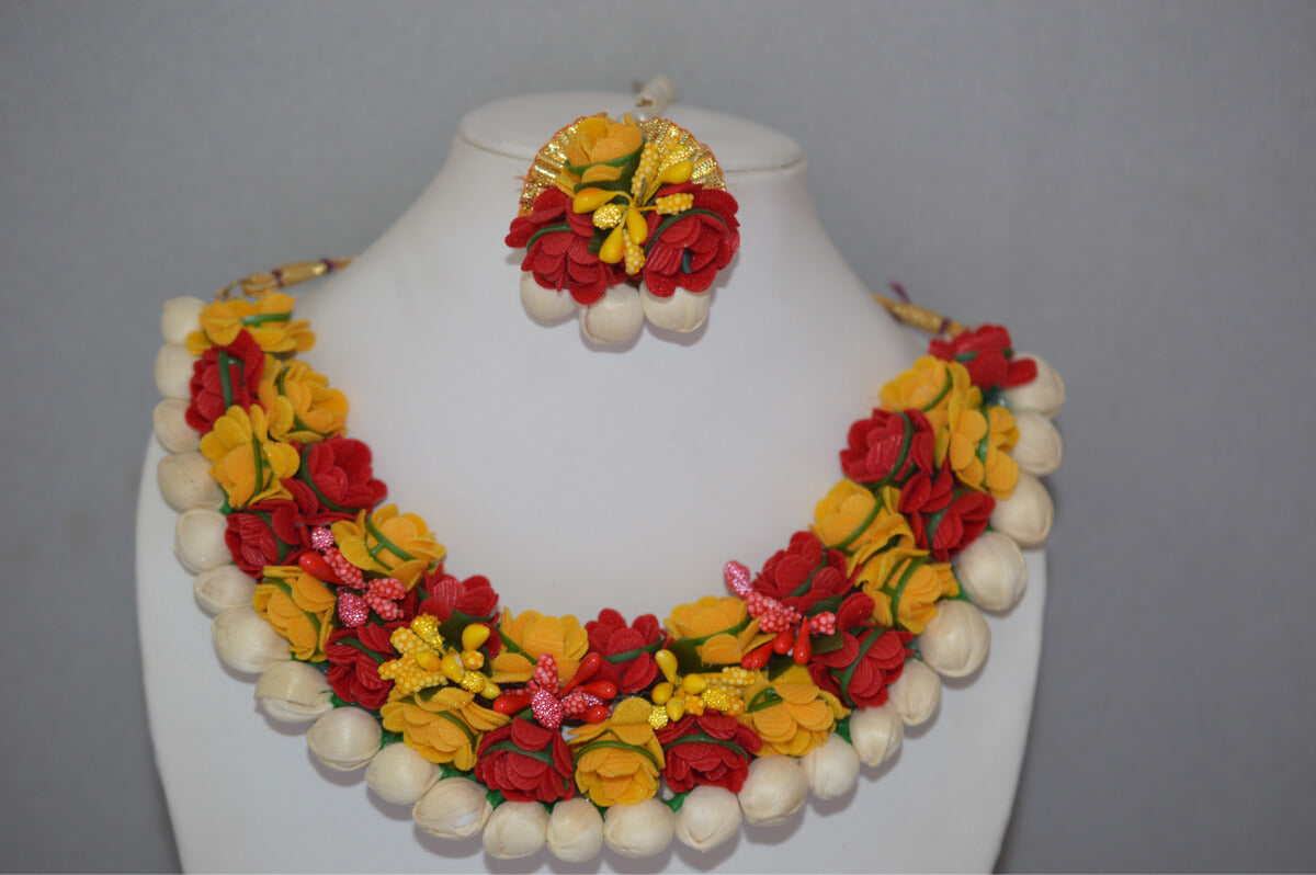 red & yellow floral Choker style haldi jewelry set - Bling and Ring