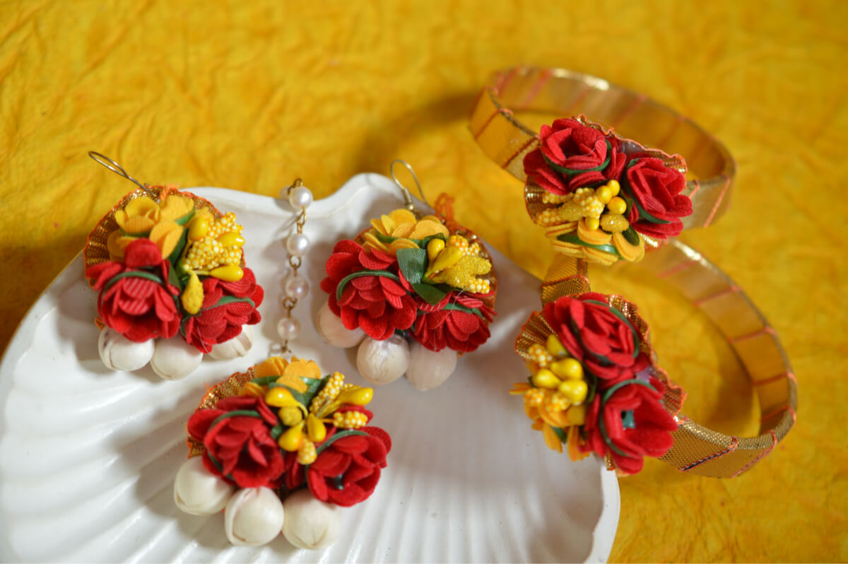 Red and Yellow flower earring, maang tika and bangles - Bling and Ring